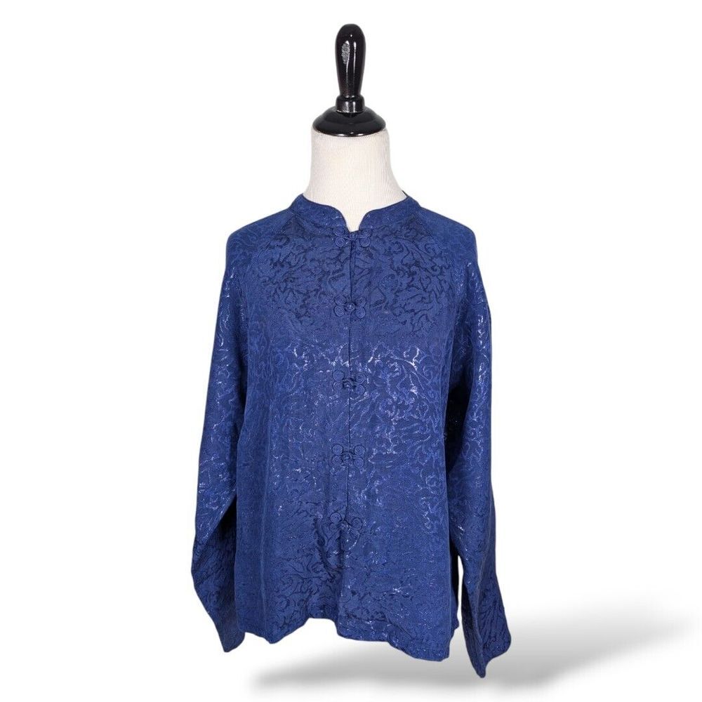 kiko comfortable Clothing Top S‎ / M Blue Linen Silk Brocade Toggle Oriental